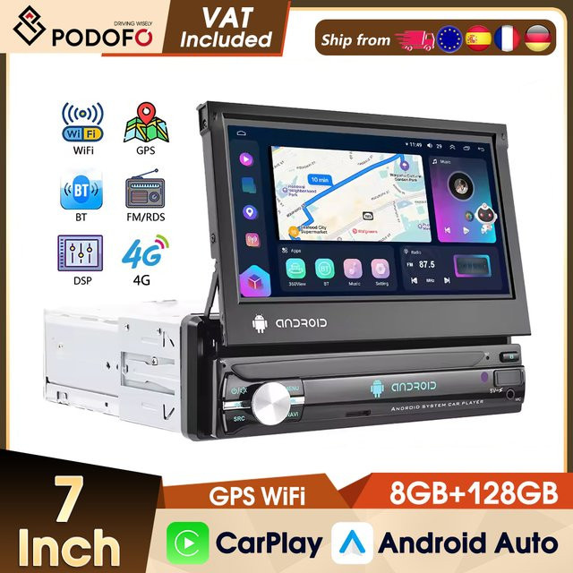 Podofo Android Auto Multimedia-Videoplayer mit drehbarem Bildschirm, 8GB RAM + 128GB Speicher, GPS, Bluetooth, WIFI und FM-Empfänger, Schwarz - Bild 1
