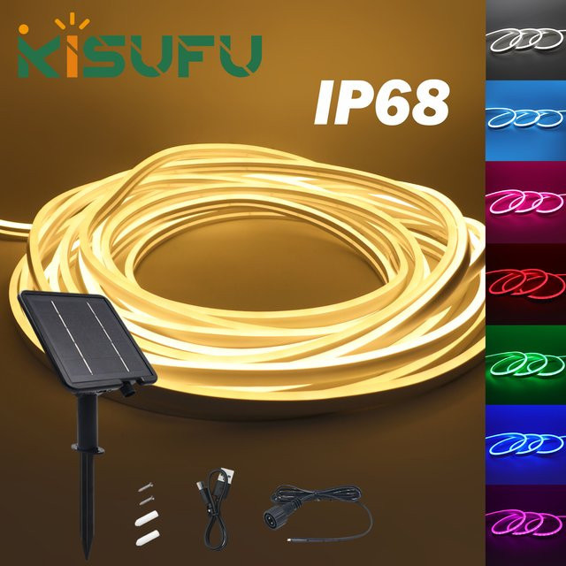 KISUFU Solar LED Neon-Lichtstreifen RGB Multicolour mit 8 Modi, 24V, 120 LEDs/m, für Innen- und Außenbeleuchtung - Bild 1
