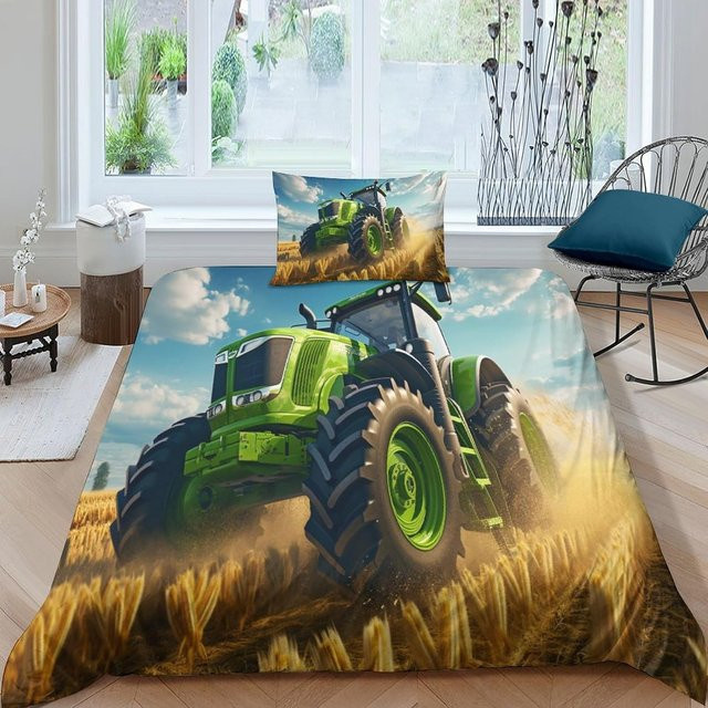 Bettwäsche Set Traktor mit Kissenbezügen aus weicher Mikrofaser für Jungen und Mädchen, Farbe Grün, B/H: 135 x 100 cm - Bild 1