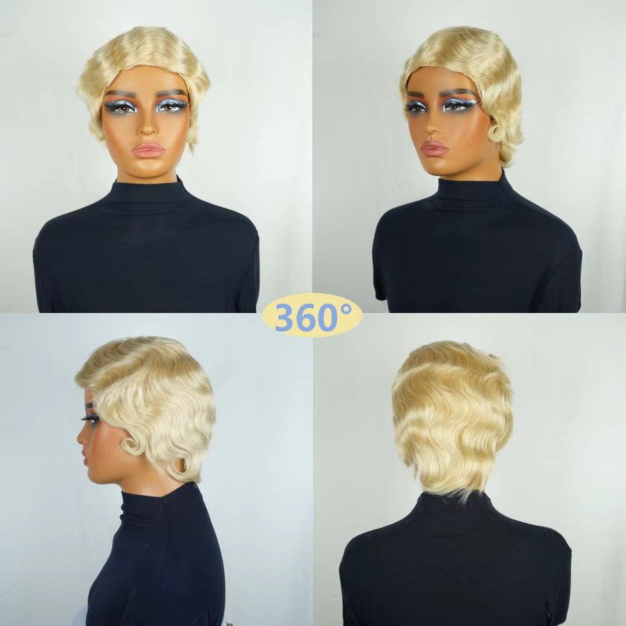 OYM HAIR Blonde Fingerwave Pixie Perücke, 613 Blonde, Echthaar-Perücke - Bild 3