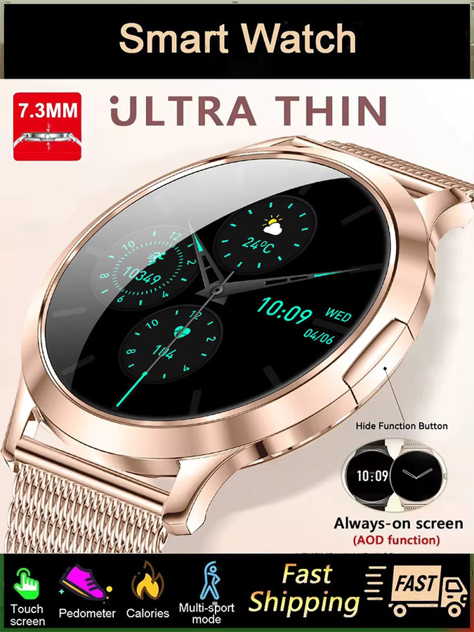LIGE Smartwatch, Damen, 1,32 Zoll, Schwarz, Roségold, Milanaise, wasserdicht - Bild 6