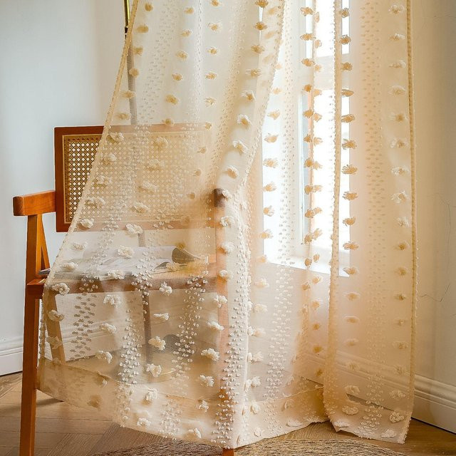 SH Home Decoration Semitransparente weiße Vorhänge mit getufteten Fellbommeln und floraler Stickerei, Höhe: 60 cm, Breite: 140 cm - Bild 1