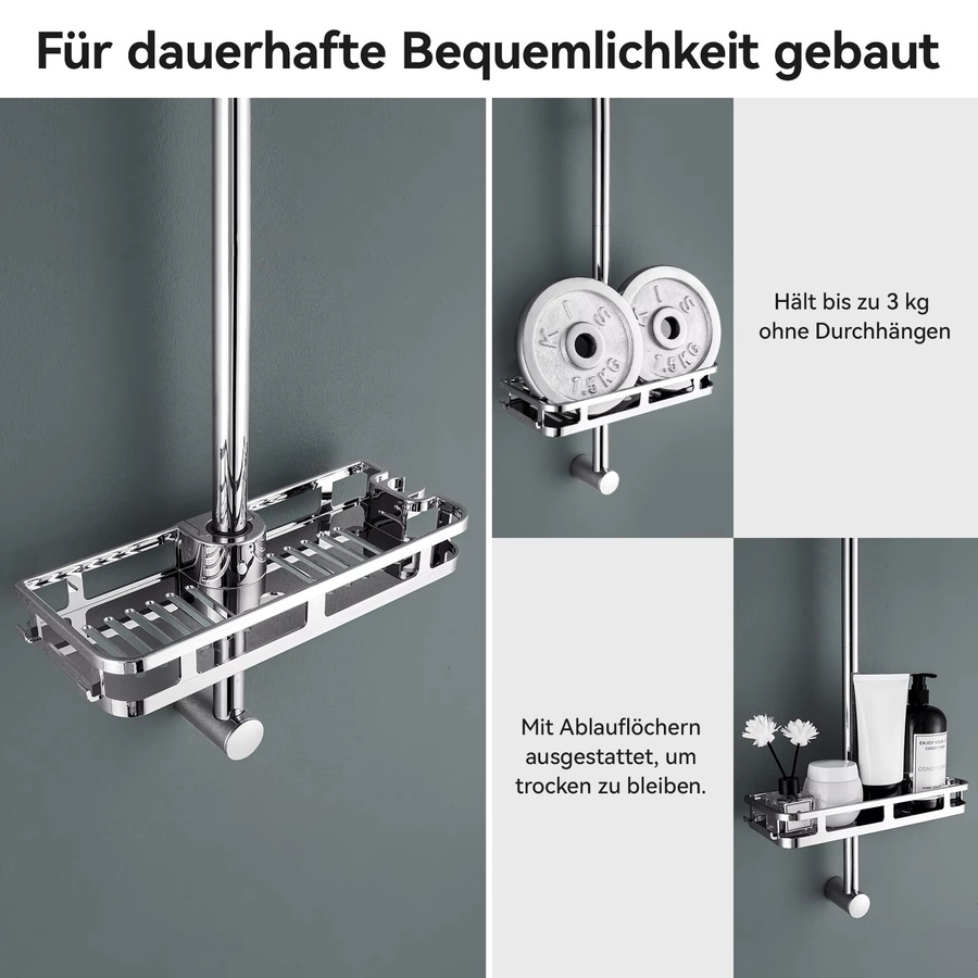 CECIPA max Duschstange aus Edelstahl mit Duschablage und 360 Grad drehbarer Halterung, Farbe: Chrom, Breite: 70 cm - Bild 2