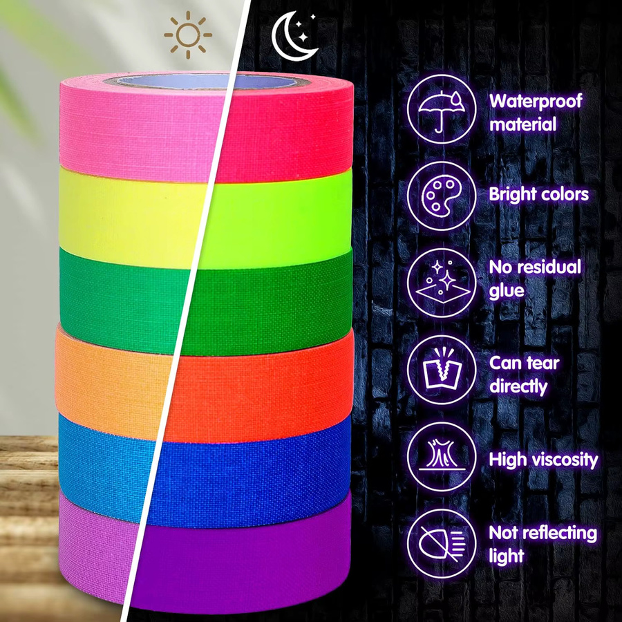 6er Set selbstklebendes UV-Glüh-Baumwollband in Multicolour für Neon-Effekte, Sicherheit und Dekoration - Bild 2