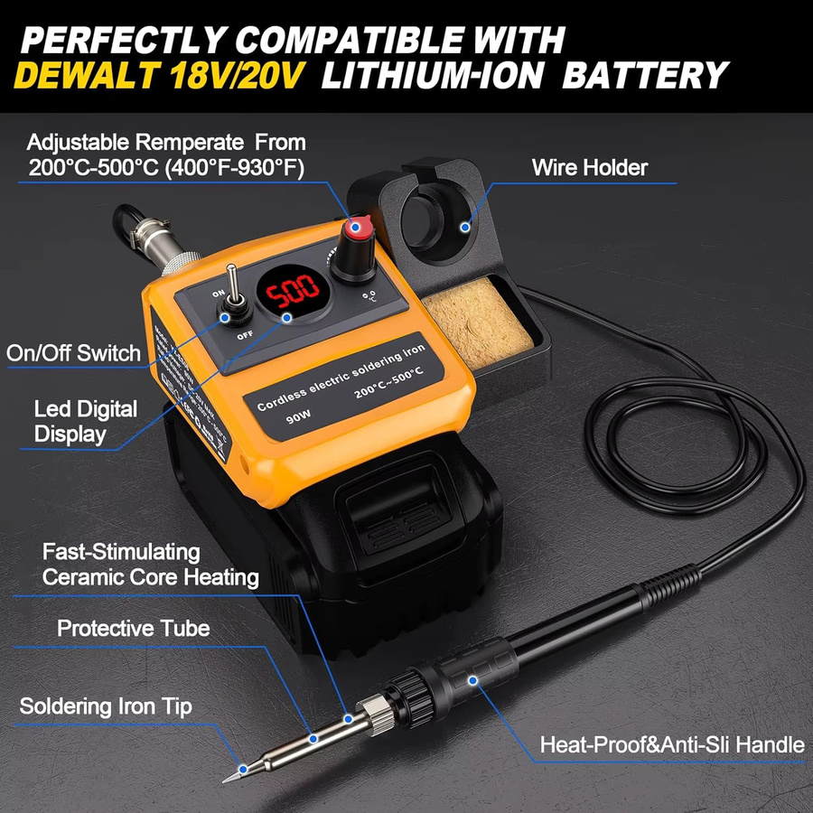 Kabelloser Lötkolben für DeWalt 20V Akku, 90W Lötstation-Set mit 5 Spitzen für DIY-Lötarbeiten (Nur Werkzeug) - Bild 2
