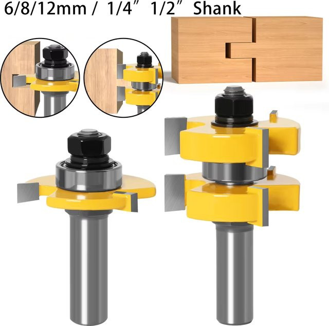 JGZUI 2-teiliges Nut- und Federfräser-Set mit 3-schneidigem T-Profil für die Holzbearbeitung, Schaftgrößen: 6 mm, 8 mm, 12 mm mit 1/4 Zoll und 1/2 Zoll Schaft - Bild 1
