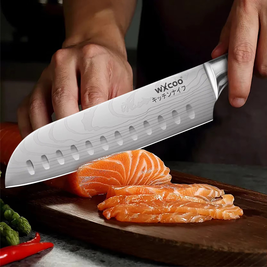 WXCOO Damaszener Santoku Küchenmesser Set mit Akazienholz-Schneidebrett in Silber - Bild 2
