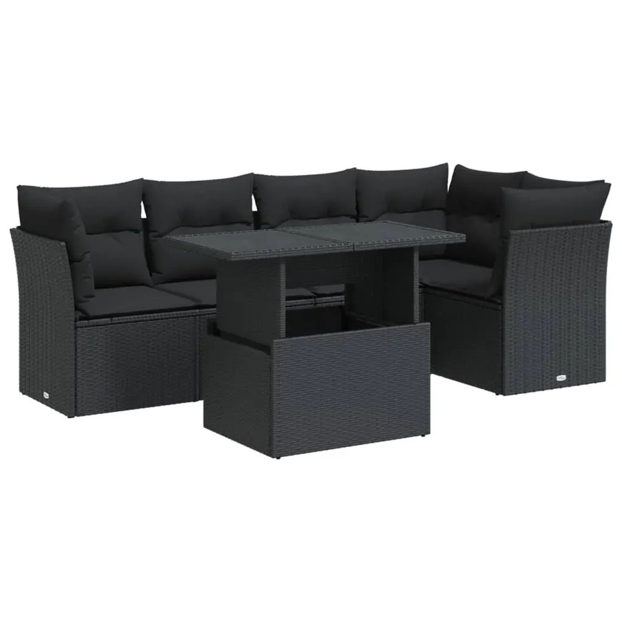vidaXL 6-teilige Garten-Sofagarnitur in L-Form aus schwarzem Poly-Rattan mit Kissen und Stauraum - Bild 2