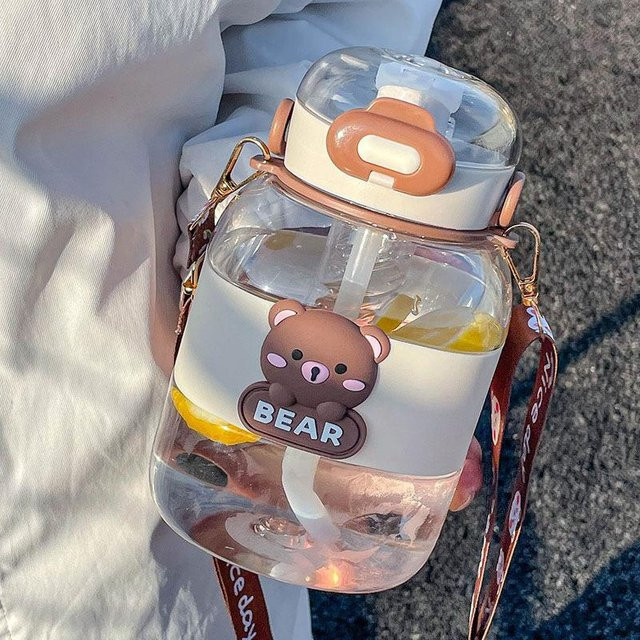 Allbestart Kawaii Bär Trinkflasche für Kinder mit Strohhalm und Sieb, Doppeltrinkfunktion, Transparent - Bild 1