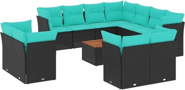 vidaXL 12-teilige Garten-Sofagarnitur in L-Form aus Polyrattan und Akazienholz mit Kissen in Schwarz und Blau - Bild 1