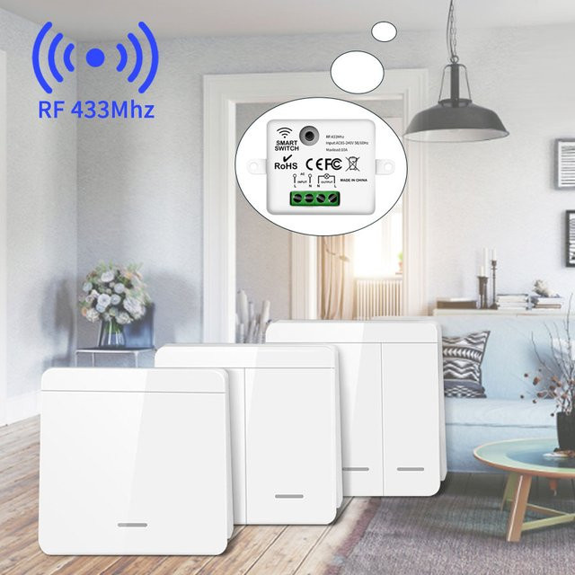 LOLGOOD Wireless Smart Switch Wandpanel mit Fernbedienung, RF 433 MHz Lichtschalter für LED Lampen, 10A, Farbe: Weiß - Bild 1