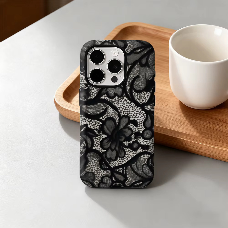 Potdemiel Handyhülle mit schwarzem Spitzenmuster für iPhone 17 16 15 14 13 12 Pro Max Plus mit doppelschichtiger Rückseite, Schwarz - Bild 4