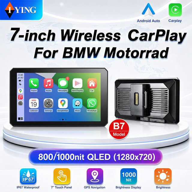 IYING B7 Motorrad Navigationsbildschirm mit drahtlosem CarPlay und Android Auto für BMW R1200GS R1250GS F750GS F850GS in Schwarz - Bild 1