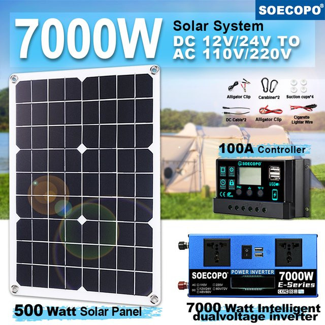 soecopo 7000 W Solar-Backup-System für Heim und Camping, komplettes Kit mit 500 W Panel, 100 A Controller und Wechselrichter für 12 V/24 V zu 110 V/220 V - Bild 1