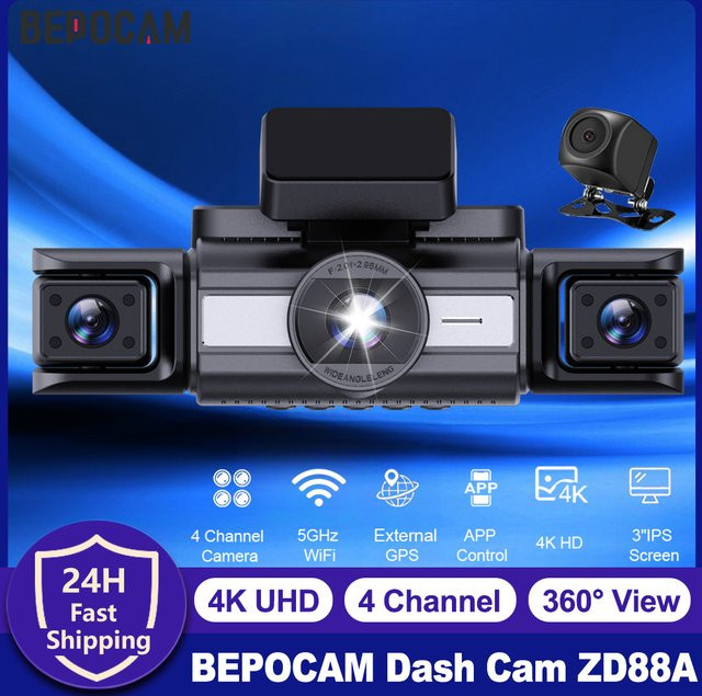BEPOCAM 4K Dashcam ZD88A mit 360 Grad View, GPS, WiFi und App-Steuerung, 4-Kanal Videorecorder mit 24H Parkmodus und Nachtsicht in Schwarz - Bild 1