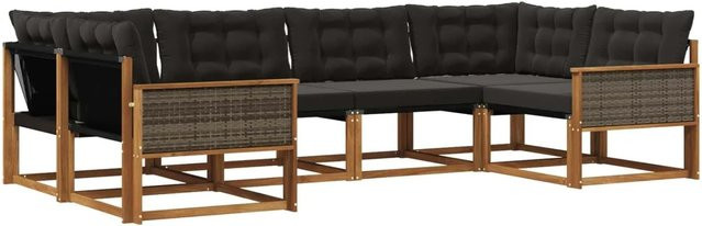 vidaXL Outdoor-Sofagarnitur in L-Form aus massivem Akazienholz mit Textilene und 6 Kissen in Natur und Schwarz - Bild 1