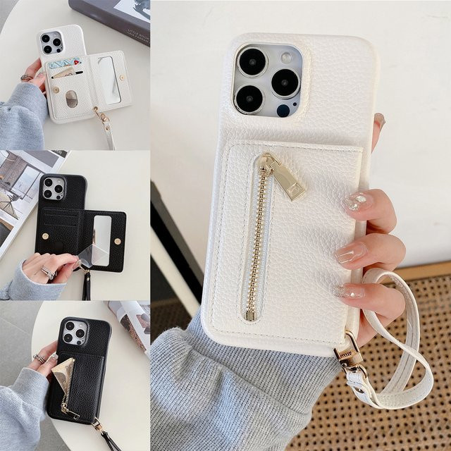 Luxus Litschi-Muster iPhone Tasche aus PU-Leder mit Spiegel, Kartenhalter und Lanyard für iPhone 15 14 13 12 11 Pro Max in Schwarz oder Weiß - Bild 1