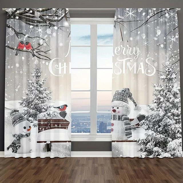 2er-Set Weihnachtsvorhänge mit Schneelandschaft, Weihnachtsmann und Auto in Blau und Weiß, lichtfilternd, Breite: 65 cm, Höhe: 60 cm - Bild 1