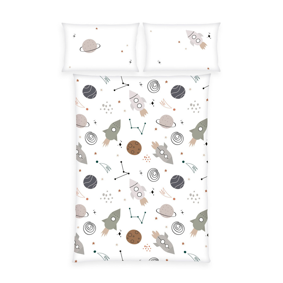 Herding Baby Bettwäsche Flanell Weltall Planeten Weiß Grau B/H: 100 x 135 cm mit Kissen 40 x 60 cm - Bild 1