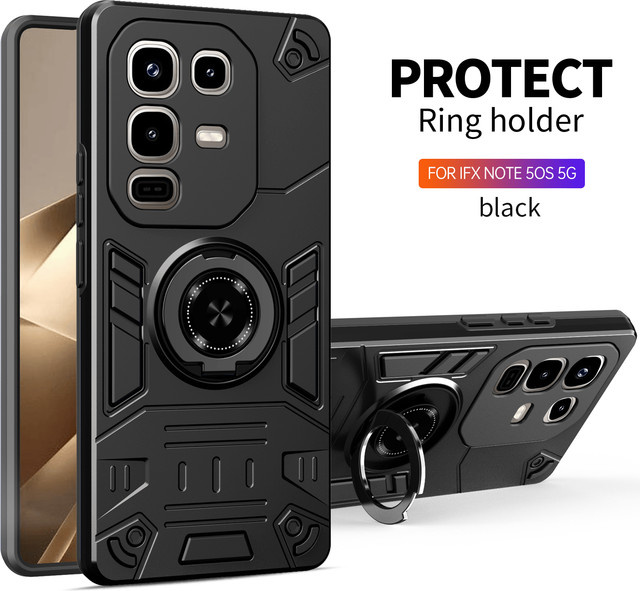 Stoßfeste Magnetische Rotierende Ring-Handyhülle für Infinix Note 50 Pro Plus, 50s, 50X 4G und Note50 Pro in Schwarz mit integriertem Ständer - Bild 1