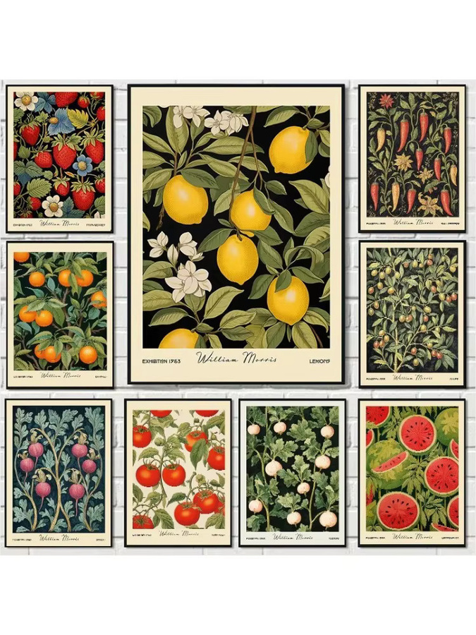Potdemiel Vintage Wandkunst William Morris Botanisches Poster mit Obst und Blumen in Orange und Multicolour als Leinwandgemälde - Bild 3