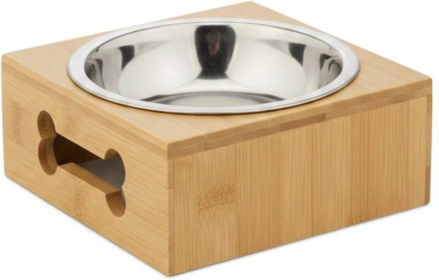 Relaxdays Hundenapf aus Bambus und Edelstahl in Natur und Silber, 400 ml, B/T/H: 14,5 x 14,5 x 6 cm - Bild 1