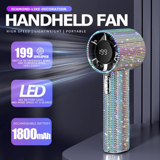 HAOYUNMA Tragbarer Mini-Handventilator mit LED-Display und Imitationsdiamanten, USB-aufladbar, Silber/Multicolour, B/T/H: 15,5 x 5,3 x 5,3 cm - Bild 1