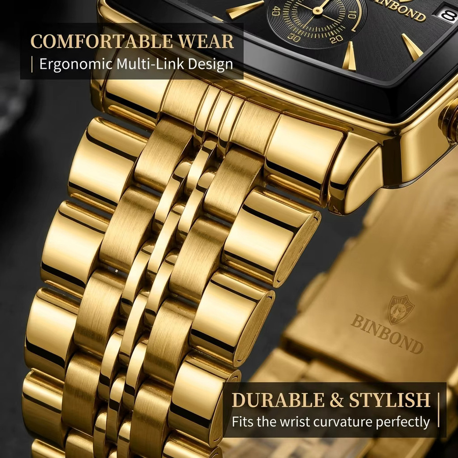 BINBOND Chronograph Armbanduhr, Edelstahl, Gold, Eckig, Quarz, Herren - Bild 4
