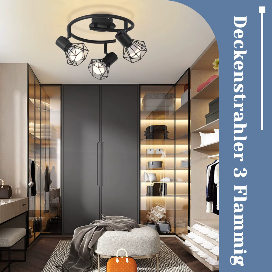 Nettlife 3-flammige runde Deckenleuchte im Retro Industrie-Design, Schwarz, Mattes Metall, E14, drehbar und neigbar, für Küche, Wohnzimmer, Flur oder Schlafzimmer - Bild 5