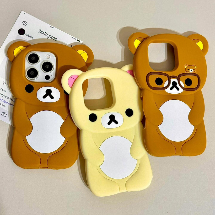 Rilakkuma Bär mit Brille 3D Cartoon Silikon Handyhülle für Apple iPhone 12 bis iPhone 17 Pro Max, Mehrfarbig - Bild 1