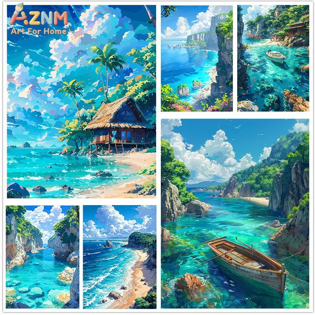 Kayou Rahmenlose Leinwand-Wandkunst im Anime-Stil mit tropischer Strand- und Ozeanlandschaft, Mehrfarbig, Rechteckig - Bild 1