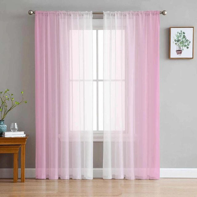 Yiran Furniture Transparente Voile-Vorhänge mit Ombre-Farbverlauf in Rosa, Weiß und Grau, Breite: 135 cm, Höhe: 160 cm - Bild 1