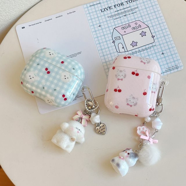 Paar-Set Stoßfeste Kopfhörer-Schutzhülle für Apple AirPods 1 2 3 4 Pro 2 Pro 3 mit Kirsche Erdbeere Welpe Katze und Anhänger in Pink und Multicolour - Bild 1