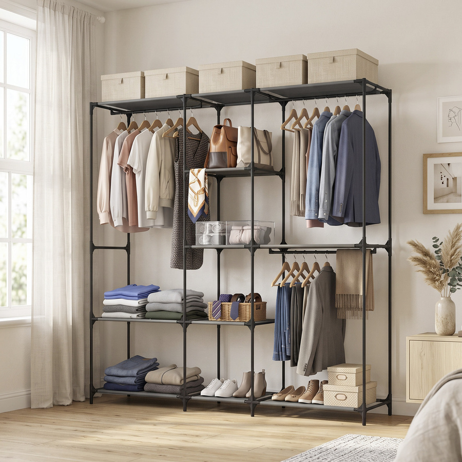 HOMCOM Stoffschrank Kleiderschrank Faltschrank mit 3 Kleiderstangen und 5 Ablagen, Schwarz, B/T/H: 182 x 43 x 185 cm - Bild 1