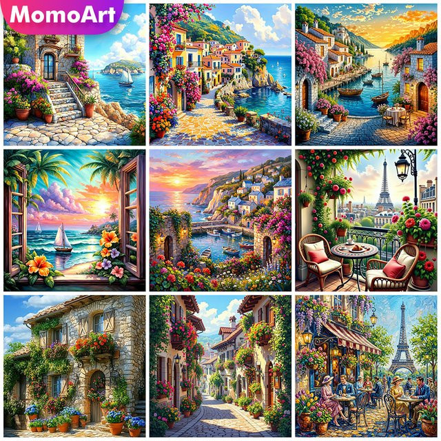 Momoart DIY Diamant-Stickerei Country House Landschaft mit Blumen, Multicolour, B/T/H: 20 x 20 x 20 cm - Bild 1