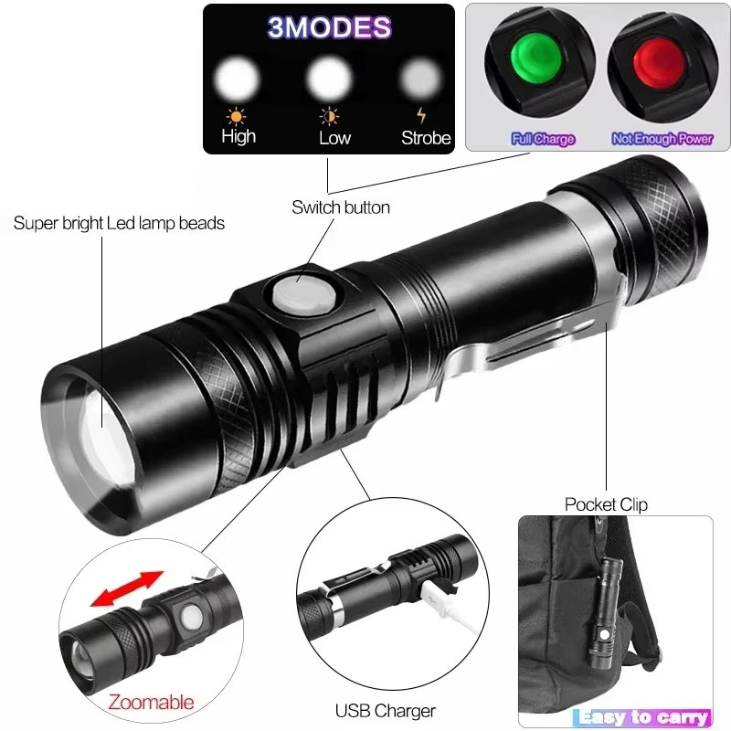 Heinast LED Taschenlampe Schwarz mit Teleskop-Zoom, Clip und wiederaufladbarem Akku - Bild 2
