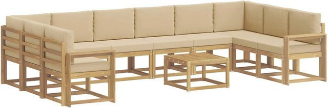 vidaXL Outdoor-Sofagarnitur L-Form aus Akazienholz mit 11 Kissen in Weiß und Beige - Bild 1