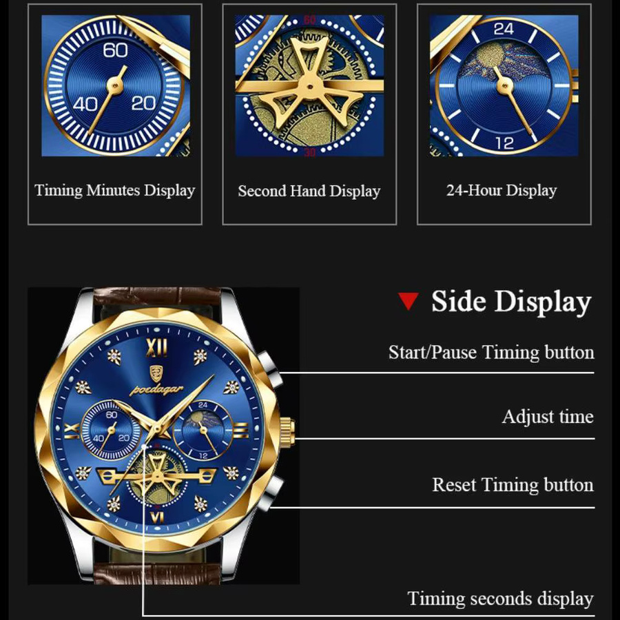 POEDAGAR Armbanduhr Chronograph, Quarz, Leder, Blau, Herren - Bild 2