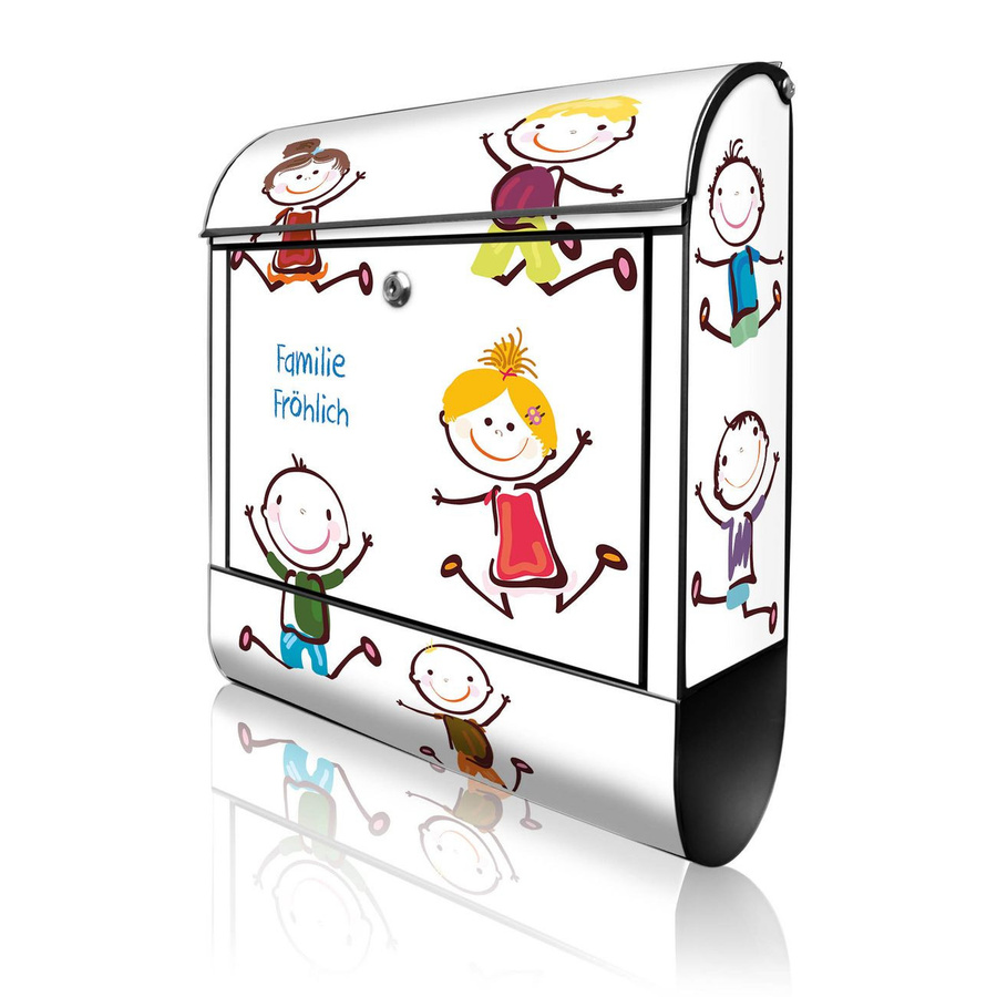 Banjado Design Briefkasten Happy Kids in Schwarz aus Stahl mit Zeitungsfach und A4 Einwurf, H x B x T: 47 x 38 x 13 cm - Bild 1