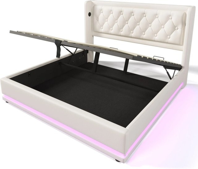Merax Polsterbett mit LED-Unterbettbeleuchtung und USB-C Ladestation, Weiß, B/T/H: 160 x 200 x 170 cm - Bild 1