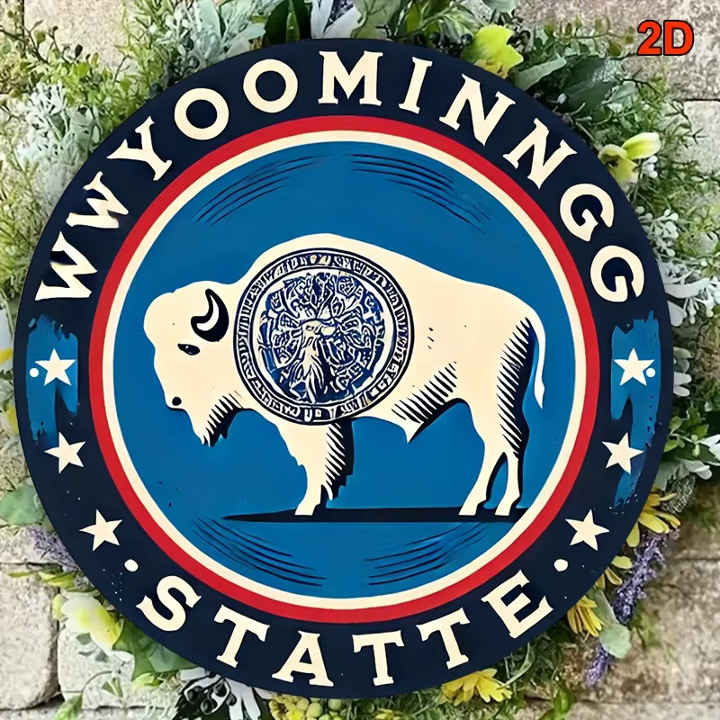 Potdemiel Vintage Wyoming State Seal Rundes Aluminiumschild mit Büffel-Emblem, Durchmesser: 20,3 cm - Bild 4