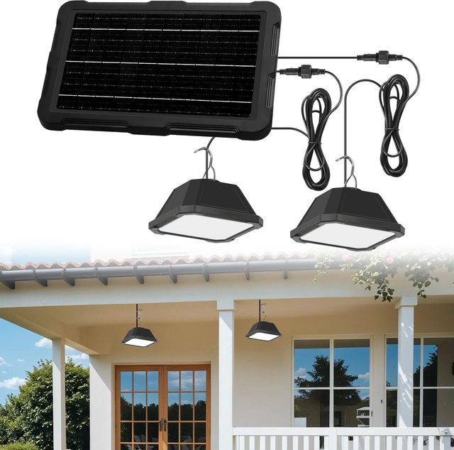YQCHEZI 2-Kopf Solar-Pendelleuchte in Schwarz mit warmweißem LED-Licht und USB-Aufladung für Außenbereich und Garten - Bild 1