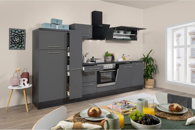 Respekta Premium Küchenzeile modern in Grau Hochglanz mit Soft-Close-Türen und Schubladen, Breite: 310 cm - Bild 1
