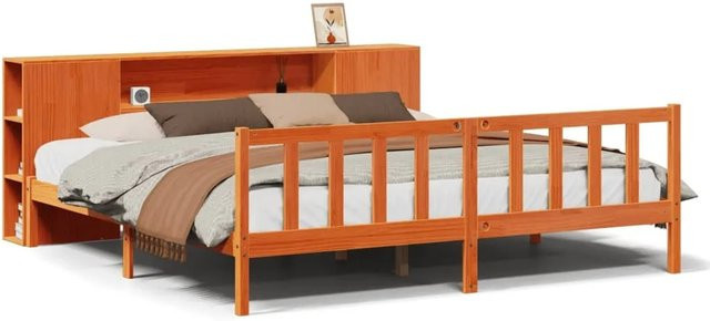 vidaXL Massivholzbett aus Kiefernholz mit Kopfteil und Regal in Wachsbraun B/T/H: 200 x 200 x 82 cm - Bild 1