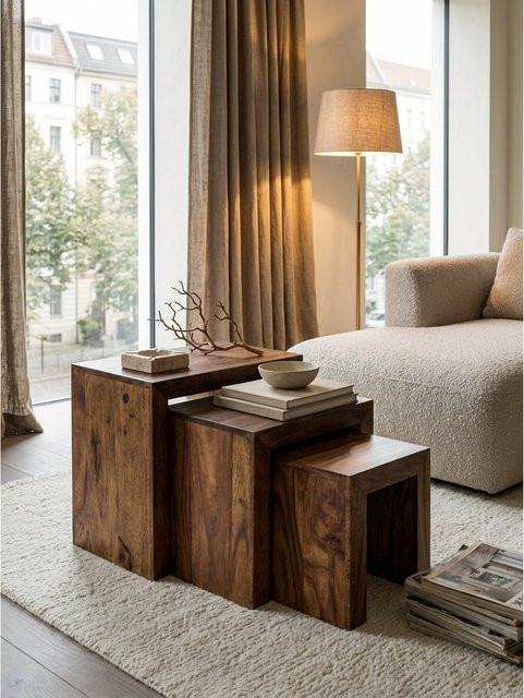3er Set Beistelltische MUMBAI aus Massivholz im Landhausstil von KADIMA DESIGN, Farbe Braun, B/T/H: 30 x 50 x 45 cm - Bild 1