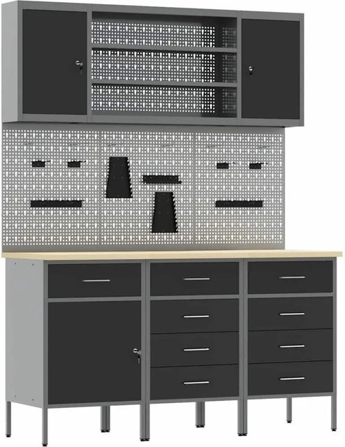 vidaXL Werkbank mit 7 Teilen und Schubladen in Schwarz aus Holz und Stahl mit Pegboard - Bild 1