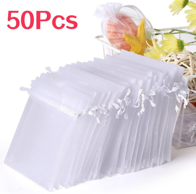 50-teiliges Set weiße Organzabeutel mit Kordelzug für Schmuck und Geschenke - Bild 1