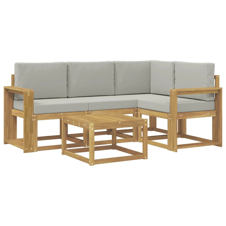 vidaXL Outdoor-Sofagarnitur 5-teilig in L-Form aus Akazienholz mit Polsterung in Weiß und Hellgrau, B/T/H: 59 x 59 x 37 cm - Bild 2
