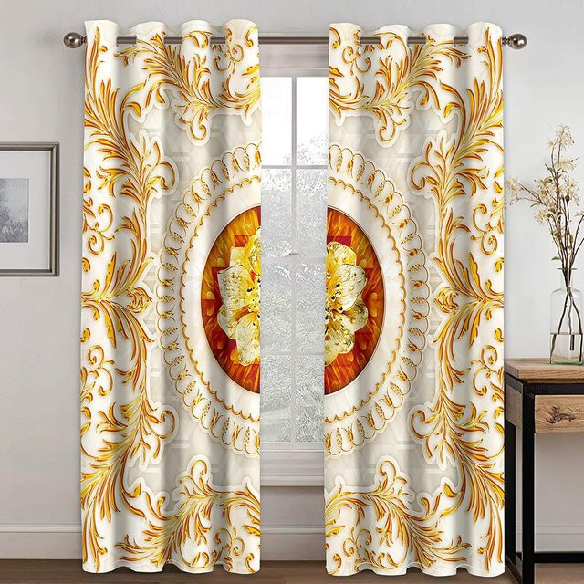 2er-Set Vorhänge mit goldenem Blumen- und Kristallmuster in Weiß, semi-transparent, Polyester, B: 70 cm, H: 245 cm - Bild 1