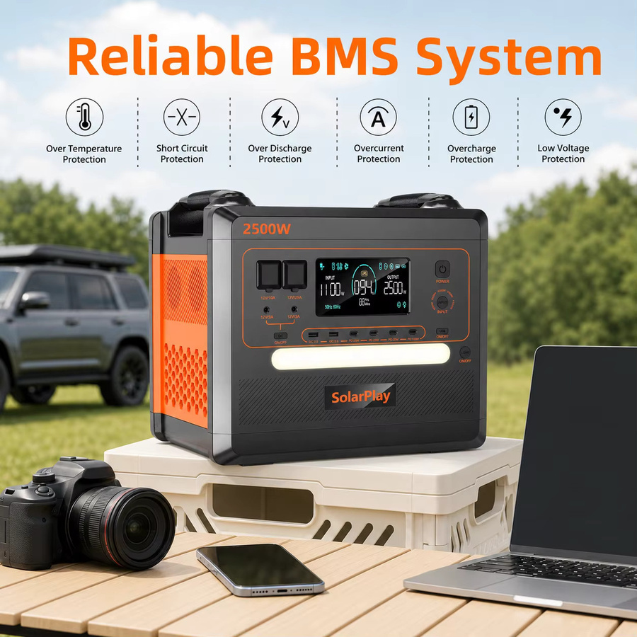 Tragbare Powerstation SolarPlay Q2402M in Schwarz mit 2500W, 2304Wh und LiFePO4 Akku für Camping, Wohnmobil und Notstromversorgung - Bild 6